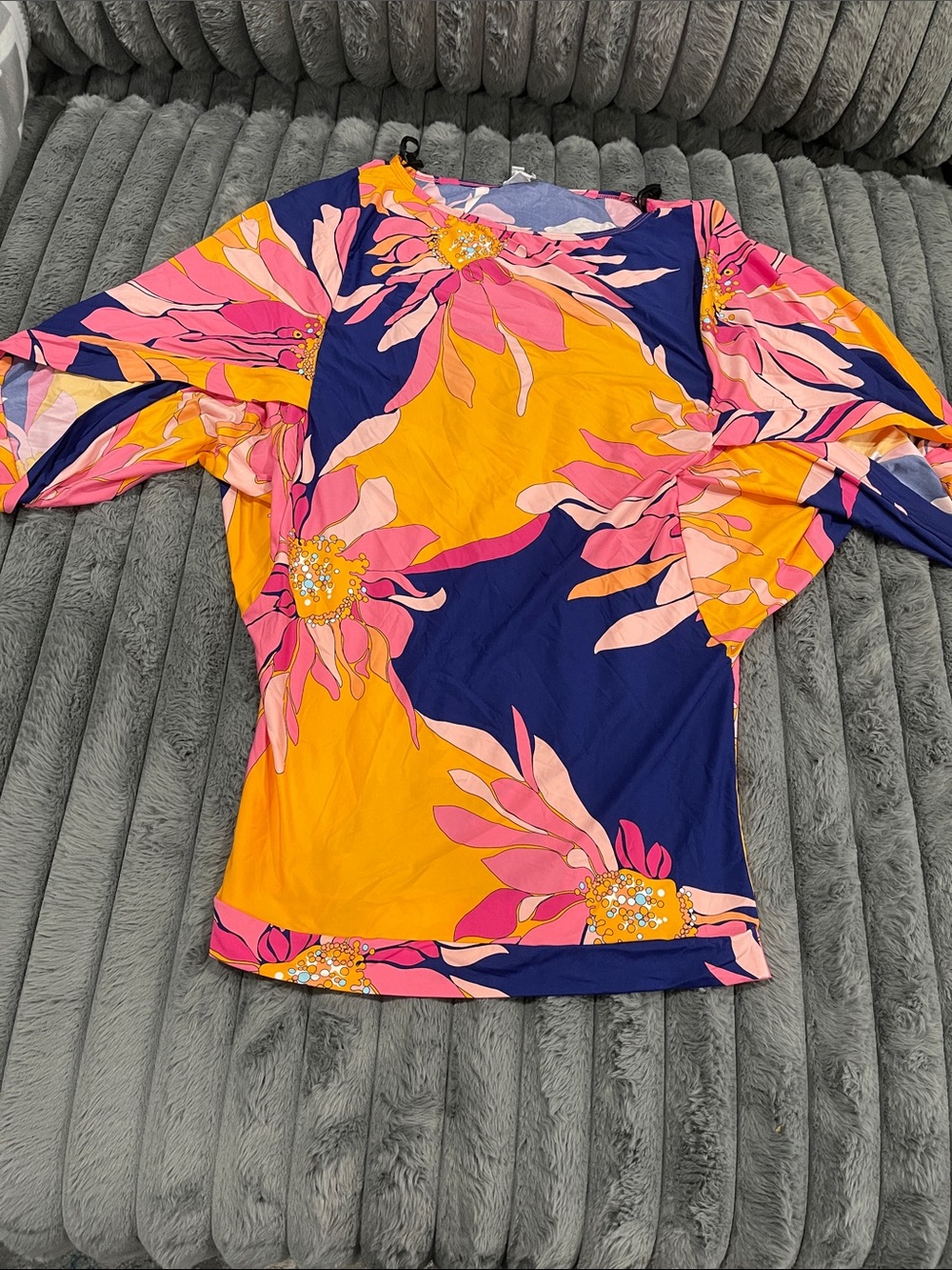 Trina Turk Floral Swim Coverup in Navy, Pink, and Orange